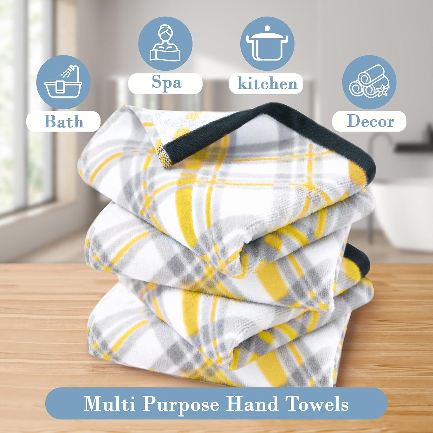 Yellow Hand Towels for Bathroom (15"x25", 4 Pack) - 100% Cotton | Light | Soft | Absorbent | 400 GSM | Fluffy, Checkered Hand Towels for Showering & Guest Use, Yellow and Gray Gingham Print