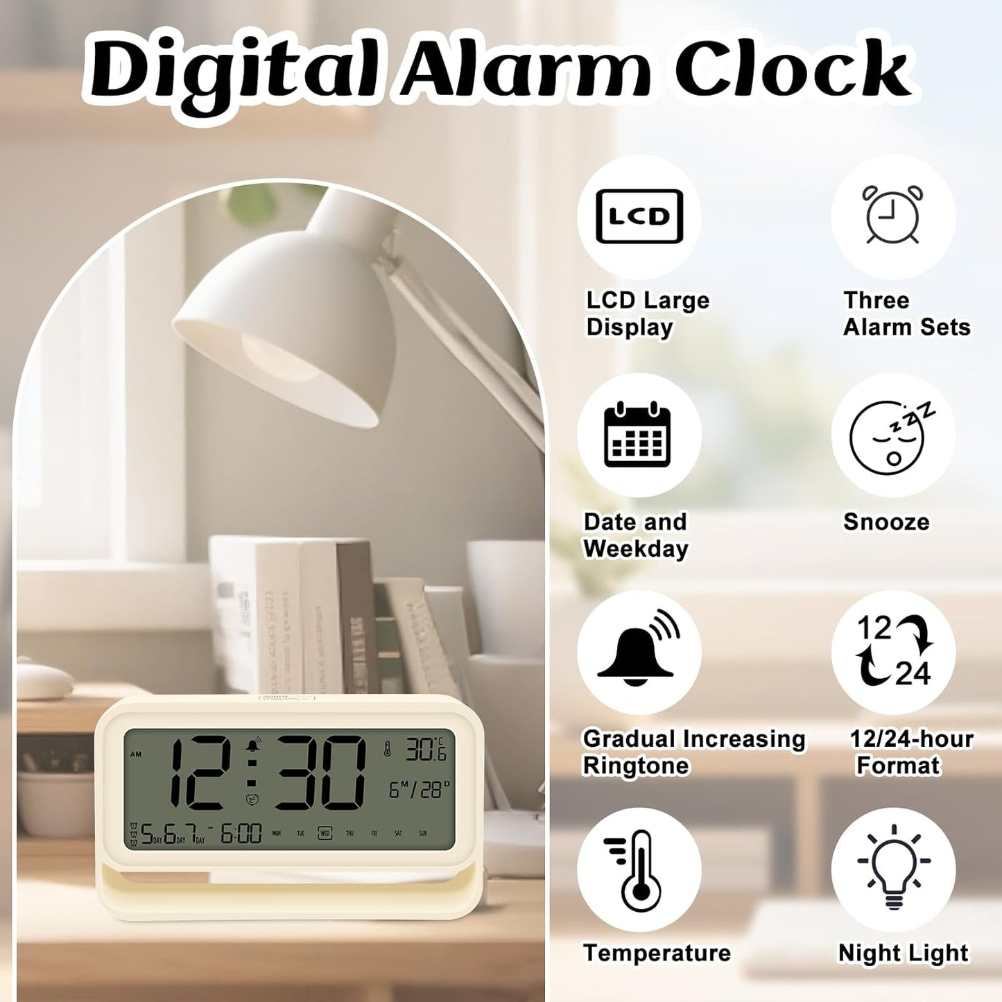 Digital Alarm Clocks Bedside, Digital Clock with 7,09" Large LED Display for Bedrooms, 3 Level Brightness, Night Light, Snooze, USB Port, Backup Battery Desk Clock