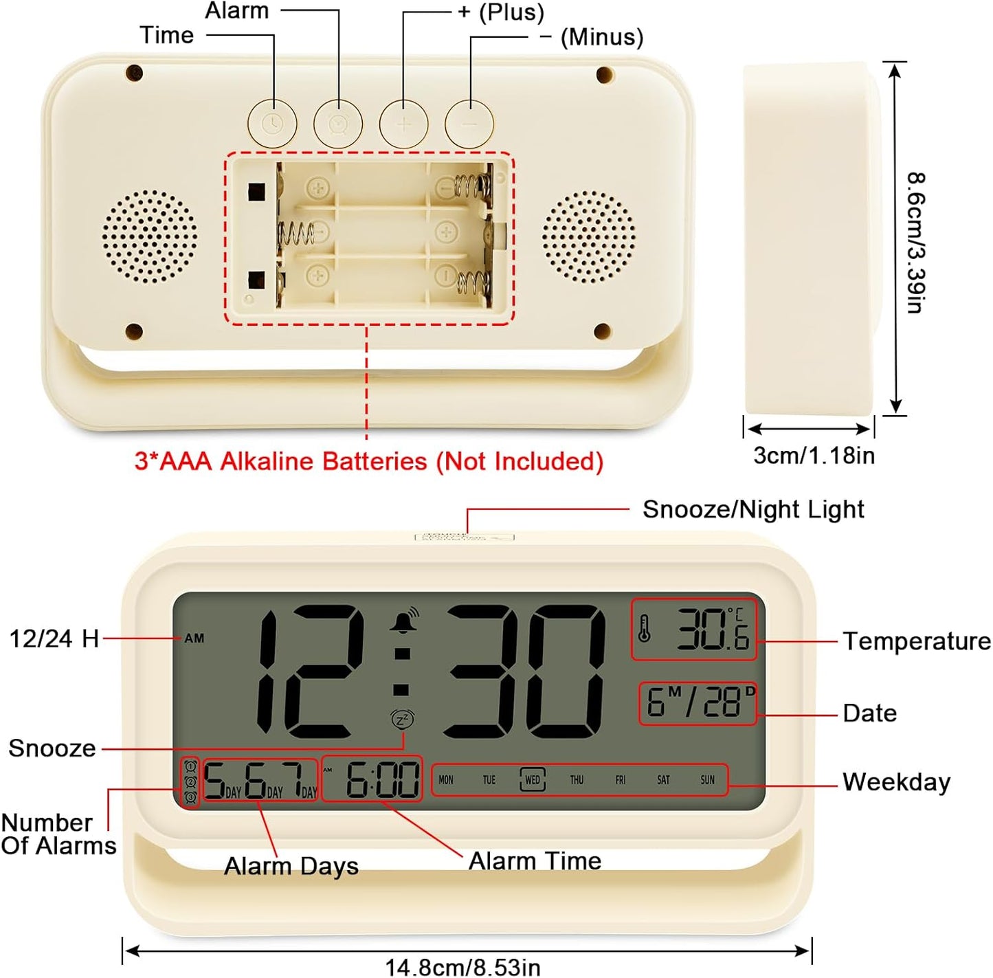 Digital Alarm Clocks Bedside, Digital Clock with 7,09" Large LED Display for Bedrooms, 3 Level Brightness, Night Light, Snooze, USB Port, Backup Battery Desk Clock