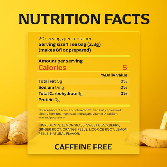 Lemon Ginger Tea Bags, caffeine free Tea, Refresh Fruit and Herbal Tea, Individually Wrapped, 20 Tea Bags