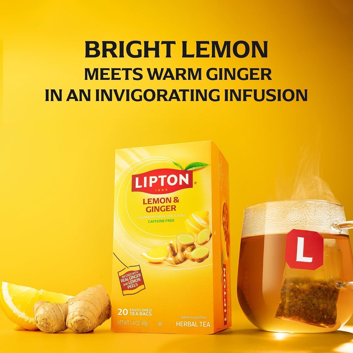 Lemon Ginger Tea Bags, caffeine free Tea, Refresh Fruit and Herbal Tea, Individually Wrapped, 20 Tea Bags