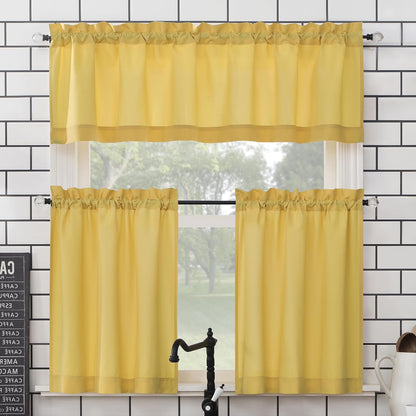 Martine Microfiber Semi-Sheer Rod Pocket Kitchen Curtain Valance and Tiers Set, 54" x 24", Yellow