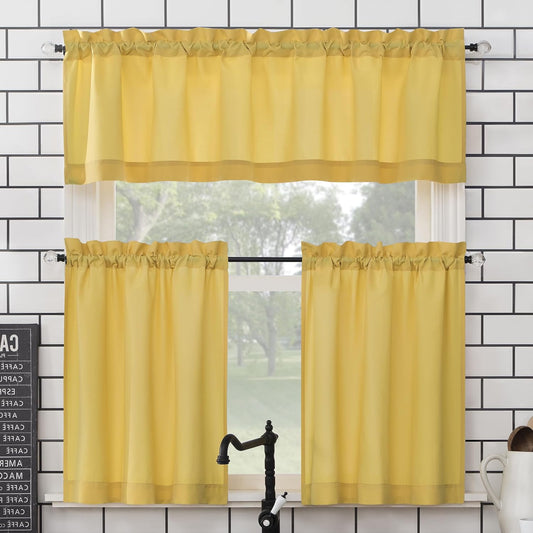 Martine Microfiber Semi-Sheer Rod Pocket Kitchen Curtain Valance and Tiers Set, 54" x 24", Yellow