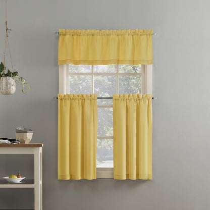 Martine Microfiber Semi-Sheer Rod Pocket Kitchen Curtain Valance and Tiers Set, 54" x 24", Yellow