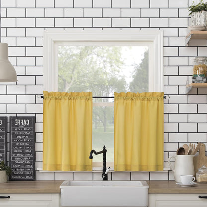 Martine Microfiber Semi-Sheer Rod Pocket Kitchen Curtain Valance and Tiers Set, 54" x 24", Yellow