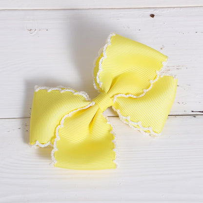 Yellow Hair Bow Clips, Grosgrain Ribbon hairpins with Wavy Edge, 4 Inch Handmade Hair Accessories for Girls
