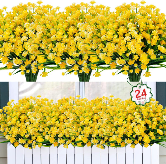 24 Bundles Artificial Flowers for Outdoors Decorations, Yellow | Fake plastic plants, faux greenery stems, UV resistant, for autumn Thanksgiving indoor outdoor garden patio table home decor