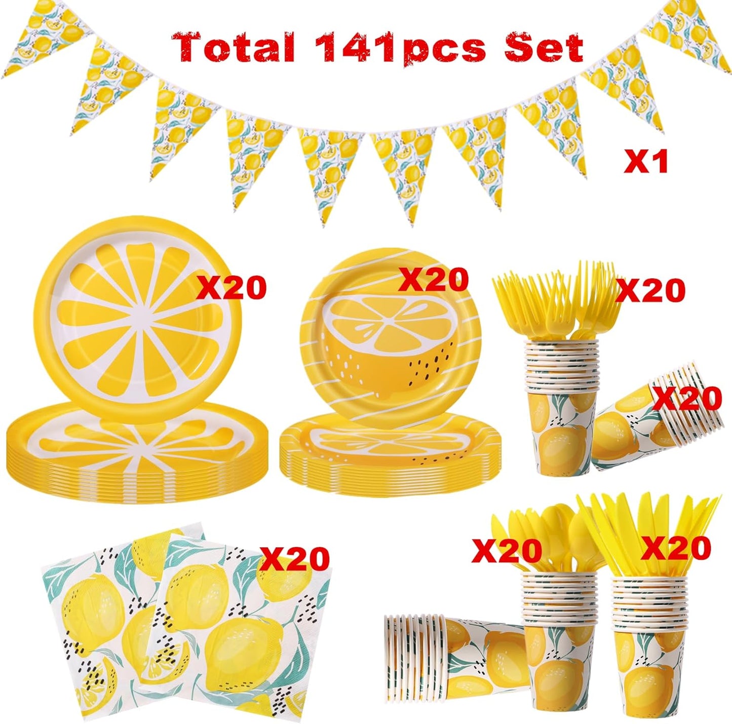 141 Pcs Lemon Birthday Decorations Plates and Napkins Yellow Lemons Summer Party Supplies for Baby Shower Lemon Theme Disposable Plates Tableware Set, Serves 20 Guests