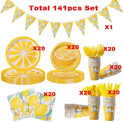 141 Pcs Lemon Birthday Decorations Plates and Napkins Yellow Lemons Summer Party Supplies for Baby Shower Lemon Theme Disposable Plates Tableware Set, Serves 20 Guests