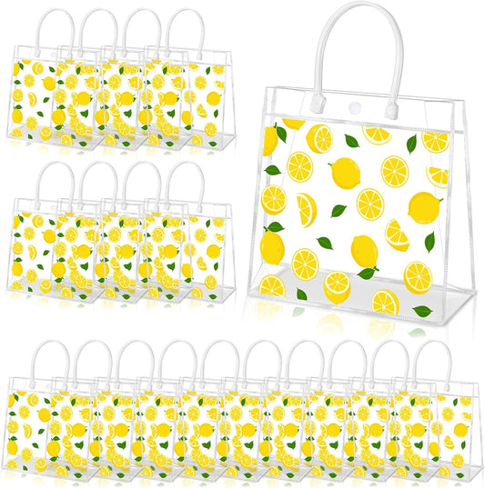 24Pcs Lemon Gift Bags, Lemon Clear PVC Goodie Bags with Handles Lemonade Themed Party Favor Bag Candy Snack Treat Bag for Baby Shower Decorations Wedding Birthday Summer Tea Party Supplies