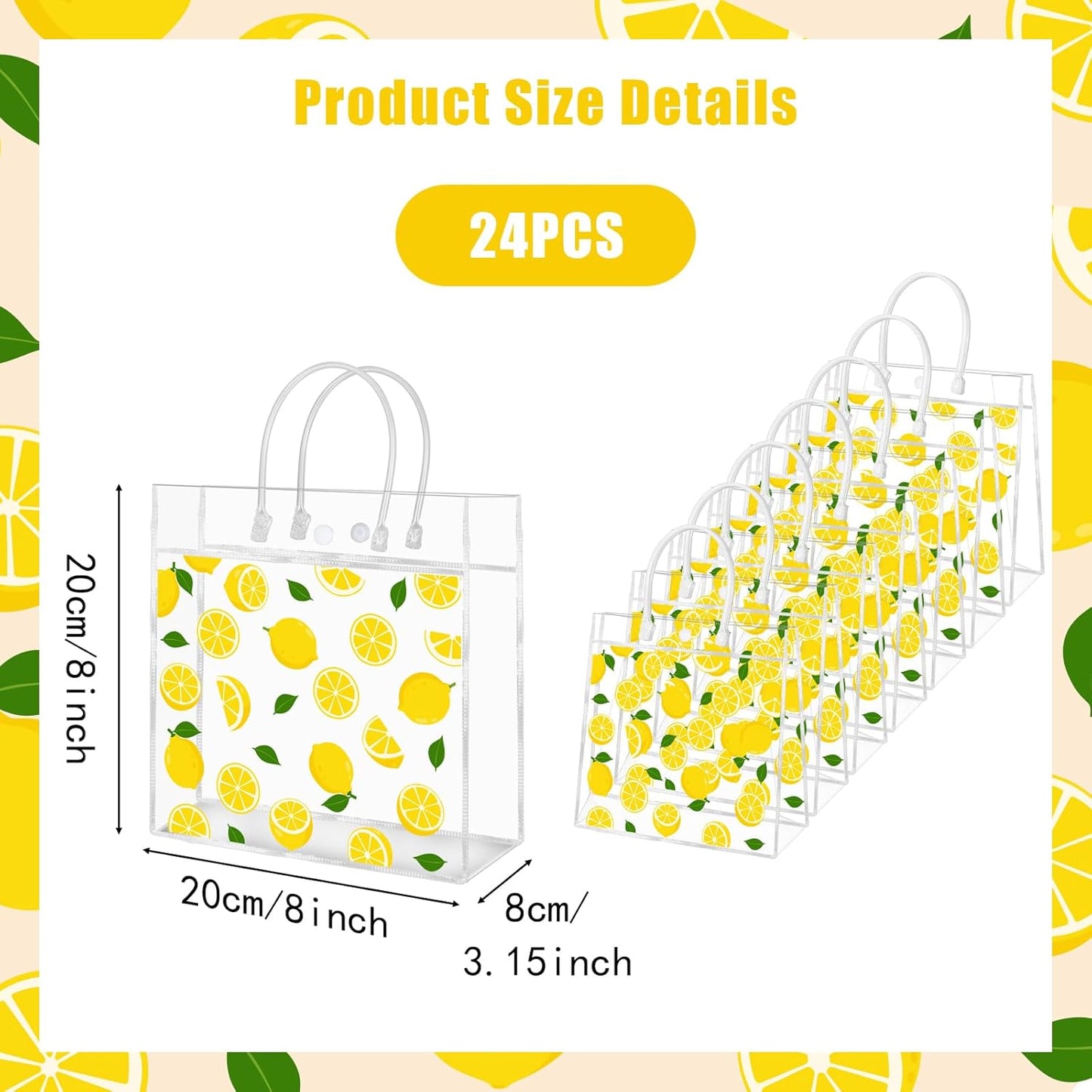 24Pcs Lemon Gift Bags, Lemon Clear PVC Goodie Bags with Handles Lemonade Themed Party Favor Bag Candy Snack Treat Bag for Baby Shower Decorations Wedding Birthday Summer Tea Party Supplies