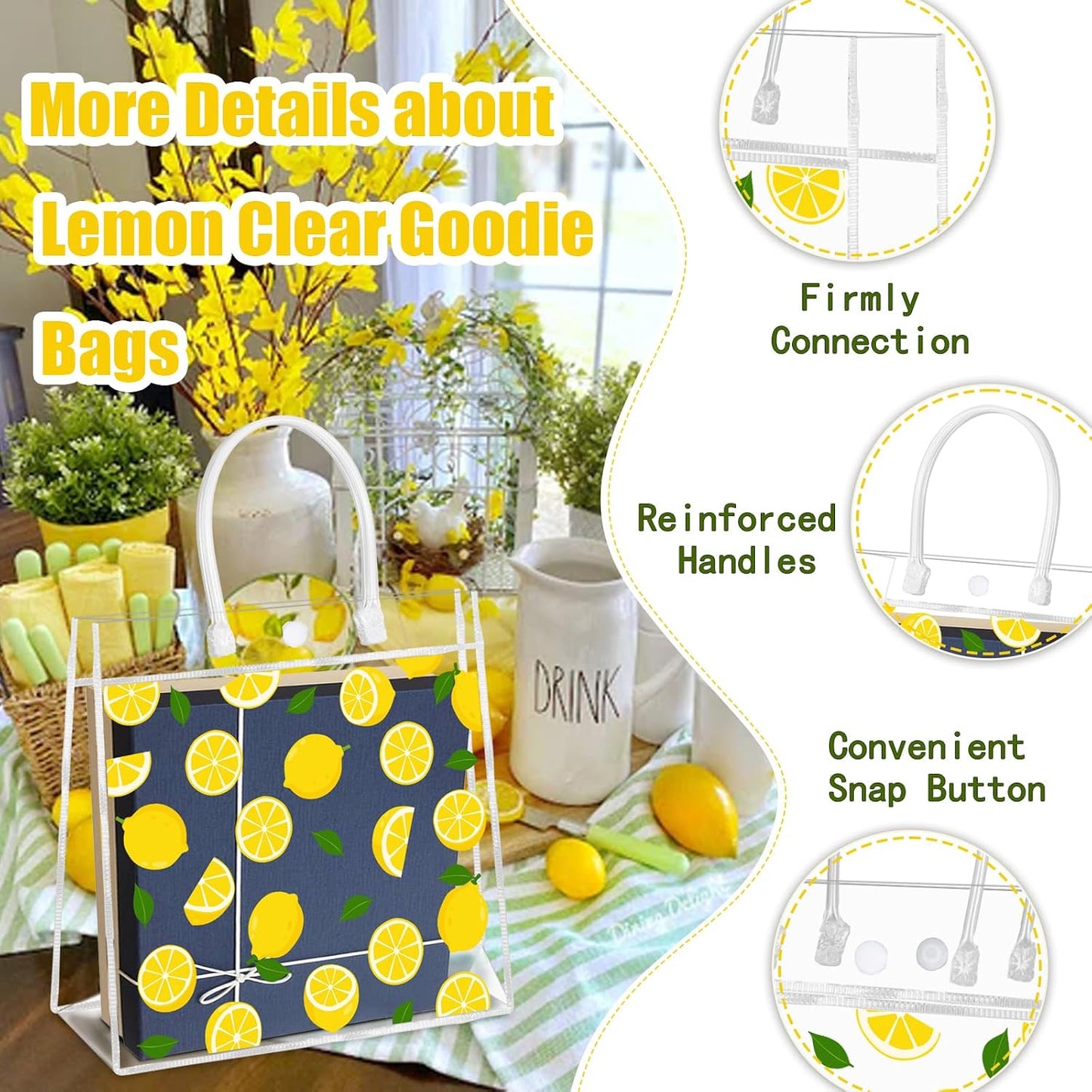 24Pcs Lemon Gift Bags, Lemon Clear PVC Goodie Bags with Handles Lemonade Themed Party Favor Bag Candy Snack Treat Bag for Baby Shower Decorations Wedding Birthday Summer Tea Party Supplies