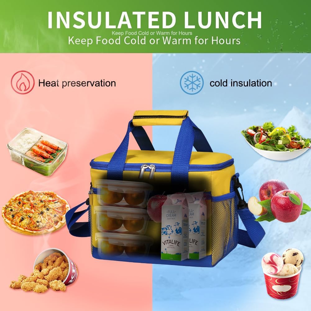 8.5L Insulated Lunch Bag, Leakproof Cooler Tote for Men&Women Yellow | 600D oxford fabric, PEVA liner, wide opening, zipper pocket, side mesh pockets, detachable strap, office, travel, picnic