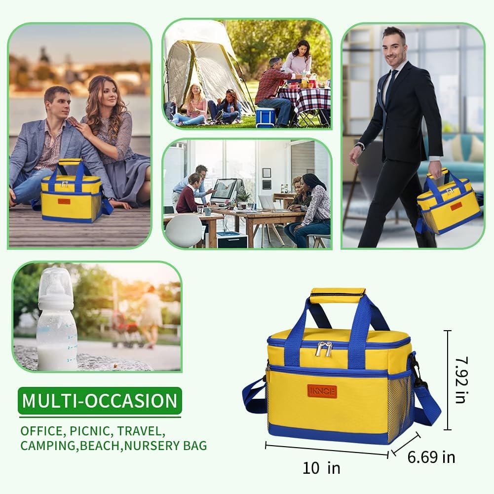 8.5L Insulated Lunch Bag, Leakproof Cooler Tote for Men&Women Yellow | 600D oxford fabric, PEVA liner, wide opening, zipper pocket, side mesh pockets, detachable strap, office, travel, picnic