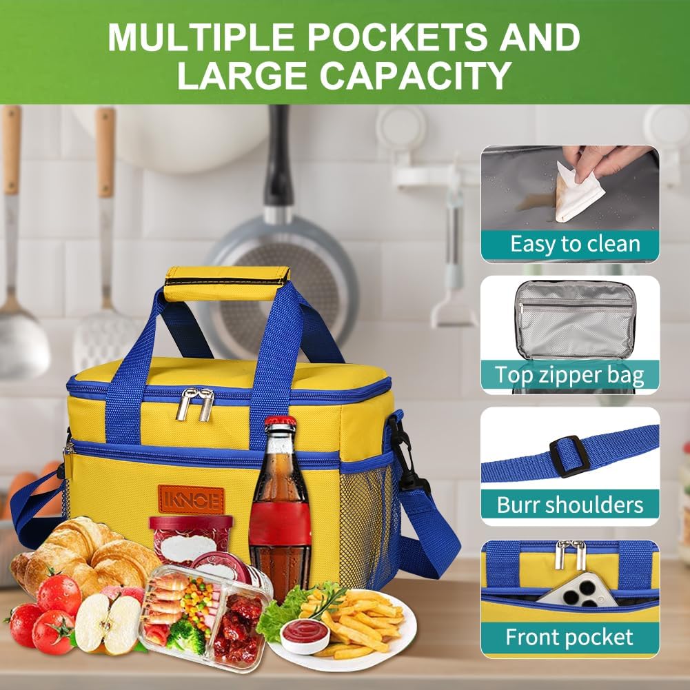 8.5L Insulated Lunch Bag, Leakproof Cooler Tote for Men&Women Yellow | 600D oxford fabric, PEVA liner, wide opening, zipper pocket, side mesh pockets, detachable strap, office, travel, picnic