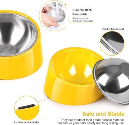 Tilted Dog Bowl Non-Slip & Non-Spill Pet Feeder with Elevated Detachable Melamine Stand, Easy to Get Food Dog Dish, S/100ml Yellow