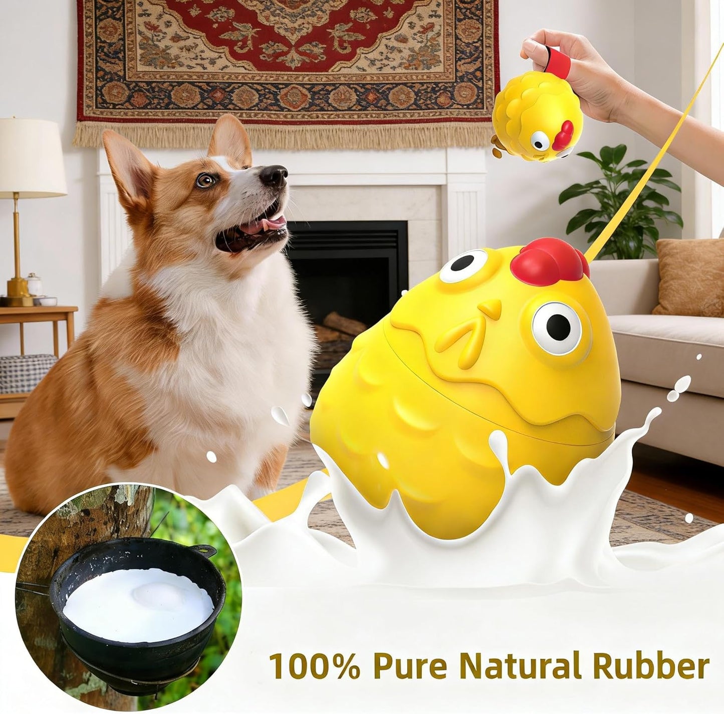 Interactive Dog Treat Dispensing Toy, Natural Rubber Chicken Design with Built-in Sound Generator, Slow Feeder Puzzle Toy for Aggressive Chewers, Teeth Cleaning for Small Medium Large Dogs (Yellow)