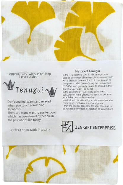 Tenugui Traditional Towel Made in Japan Fray Prevention 100% Cotton Eco Friendly Kitchen Towel Gift Wrapping Gingko (Icho) Yellow on White 34.64" L x 12.99" W (88 × 33 cm)