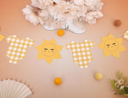 Yellow Gingham Sun Bodysuit Banner,Gingham Sunshine Baby Shower Banner | You Are My Sunshine Baby Shower,Sun 1st Birthday Decorations For Boy