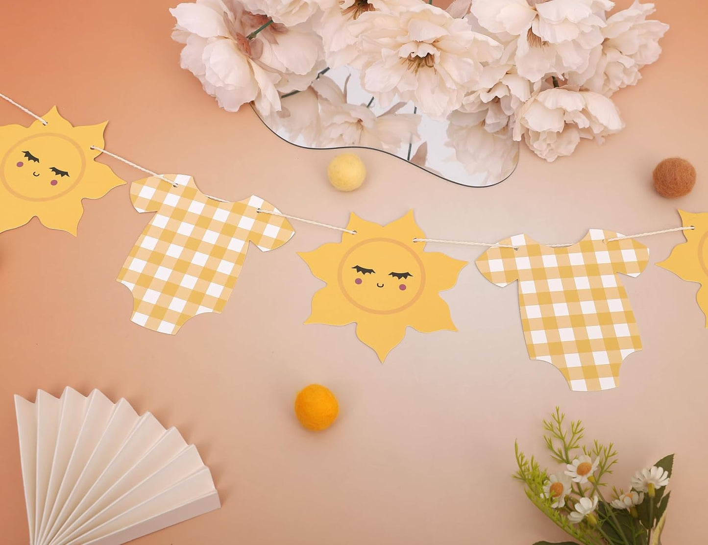 Yellow Gingham Sun Bodysuit Banner,Gingham Sunshine Baby Shower Banner | You Are My Sunshine Baby Shower,Sun 1st Birthday Decorations For Boy