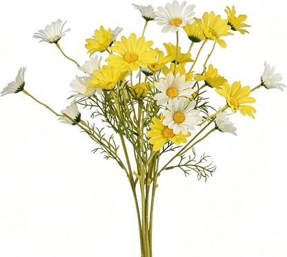 6PCS Artificial Daisy Flowers 21” Fake Daisy Flowers with Leaves Stems for Home Decor (White+Yellow)