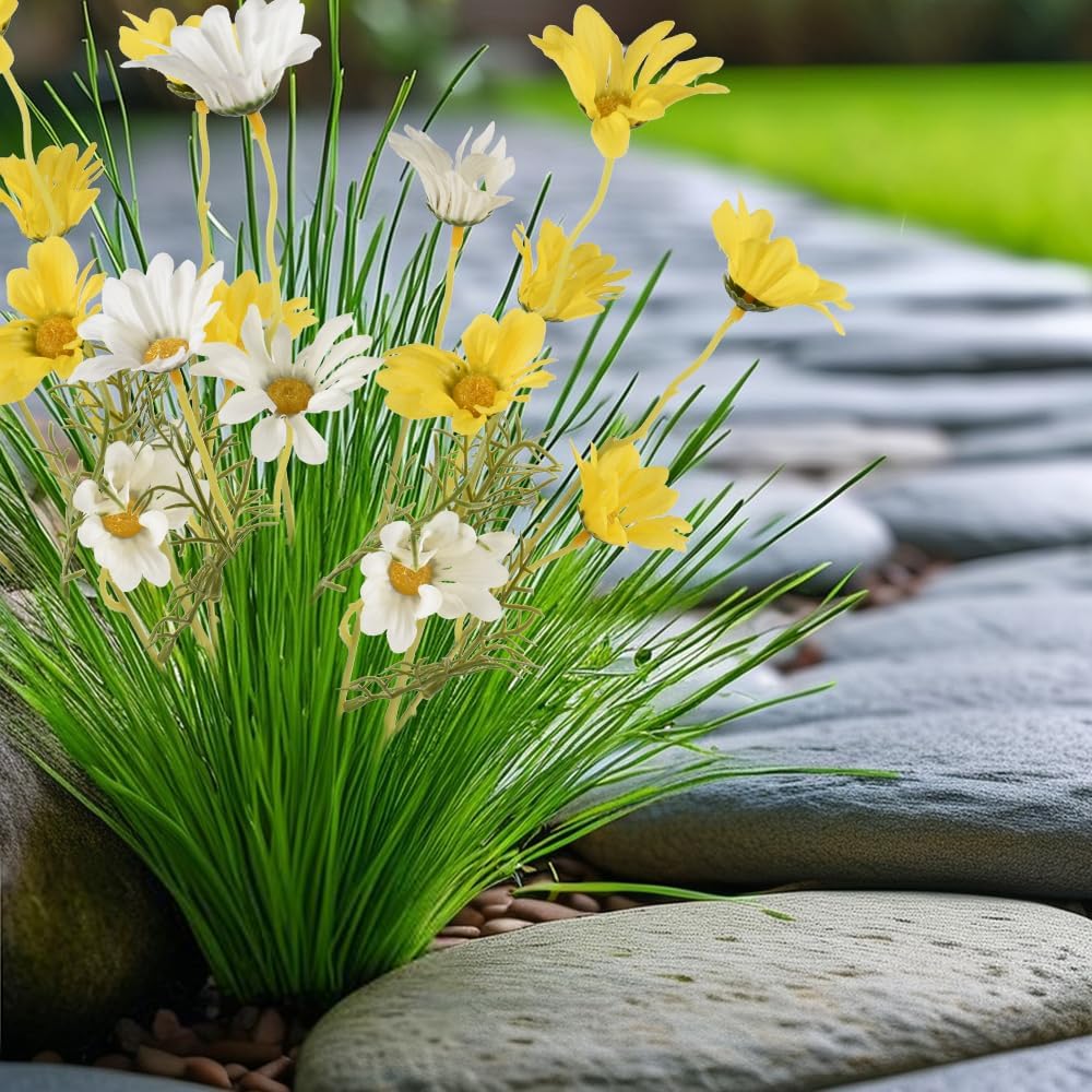 6PCS Artificial Daisy Flowers 21” Fake Daisy Flowers with Leaves Stems for Home Decor (White+Yellow)