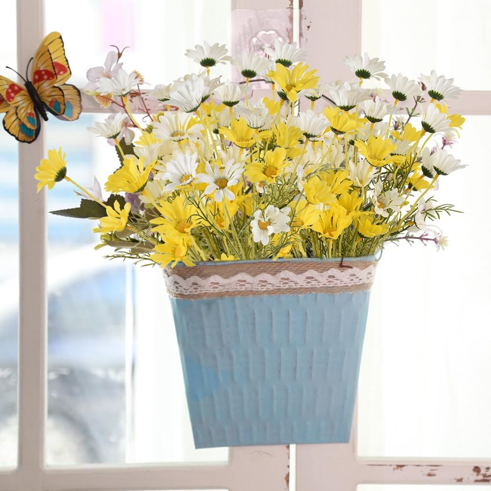 6PCS Artificial Daisy Flowers 21” Fake Daisy Flowers with Leaves Stems for Home Decor (White+Yellow)