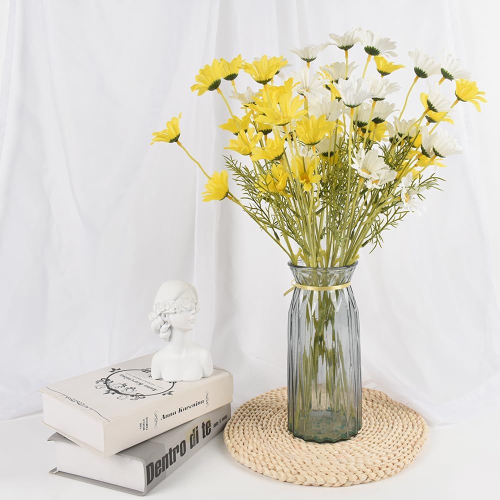 6PCS Artificial Daisy Flowers 21” Fake Daisy Flowers with Leaves Stems for Home Decor (White+Yellow)