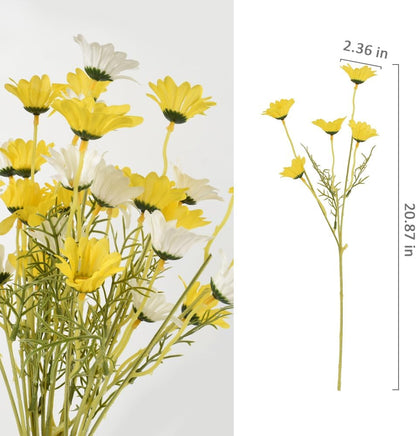 6PCS Artificial Daisy Flowers 21” Fake Daisy Flowers with Leaves Stems for Home Decor (White+Yellow)
