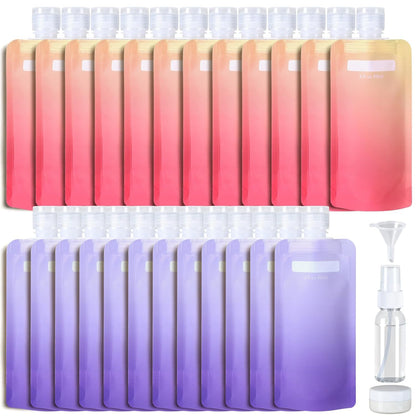27 Pack Travel Pouches for Toiletries - 90ml 3 oz Liquid Containers | Refillable TSA Approved, Leak-Proof Flat Squeeze Design, Wide Fill Opening, Space-Saving Pack, Gradient Purple Cherry Yellow