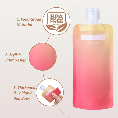 27 Pack Travel Pouches for Toiletries - 90ml 3 oz Liquid Containers | Refillable TSA Approved, Leak-Proof Flat Squeeze Design, Wide Fill Opening, Space-Saving Pack, Gradient Purple Cherry Yellow