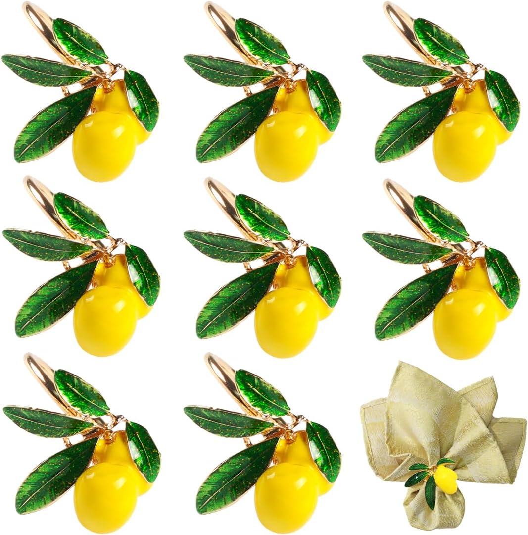 Lemon Napkin Rings Set of 8, Lovely Yellow Decorative Fruit Lemon Napkin Ring Holder for Wedding, Dinner Party, Summer Holiday, Table Decorations, Lemon Gold