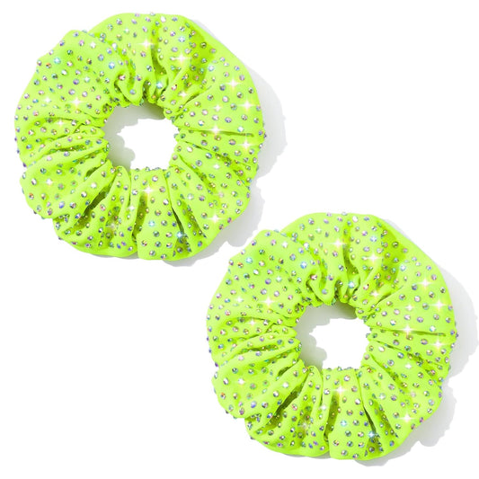 Glitter Neon Yellow Rhinestone Scrunchies for Cheer Competition Sparkly Cheerleading Scrunchie Hair Accessories Elastic Band for Cheerleaders Girls (Neon)