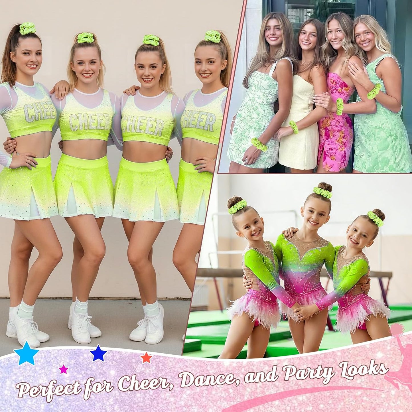 Glitter Neon Yellow Rhinestone Scrunchies for Cheer Competition Sparkly Cheerleading Scrunchie Hair Accessories Elastic Band for Cheerleaders Girls (Neon)