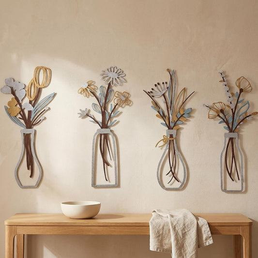4Pcs Metal Flower Vase Wall Art, Pastel Yellow & Blue, 6.7" x 15" | Botanical Iron Wall Sculptures, Modern Farmhouse Floral, For Living Room Bedroom Home Decor