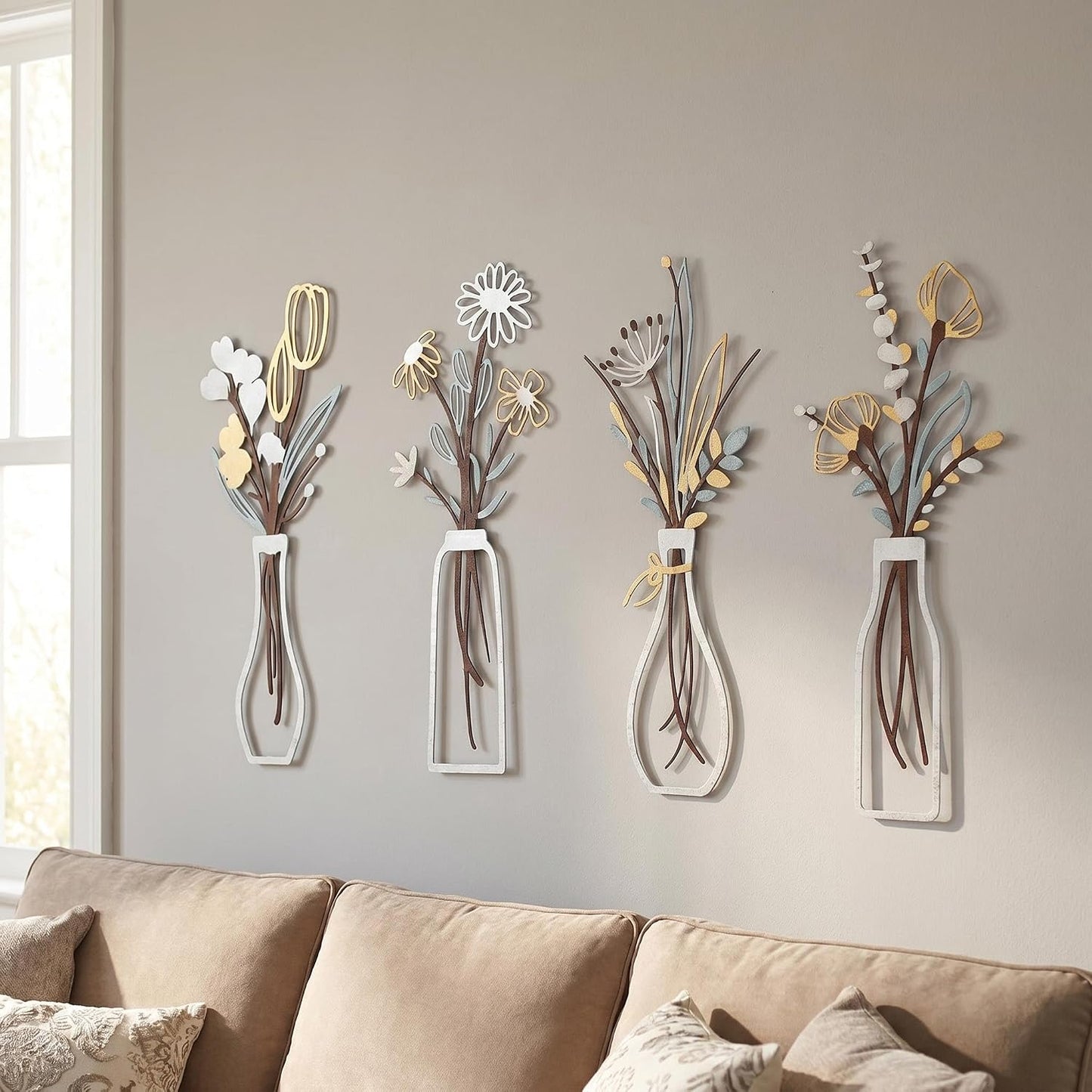 4Pcs Metal Flower Vase Wall Art, Pastel Yellow & Blue, 6.7" x 15" | Botanical Iron Wall Sculptures, Modern Farmhouse Floral, For Living Room Bedroom Home Decor