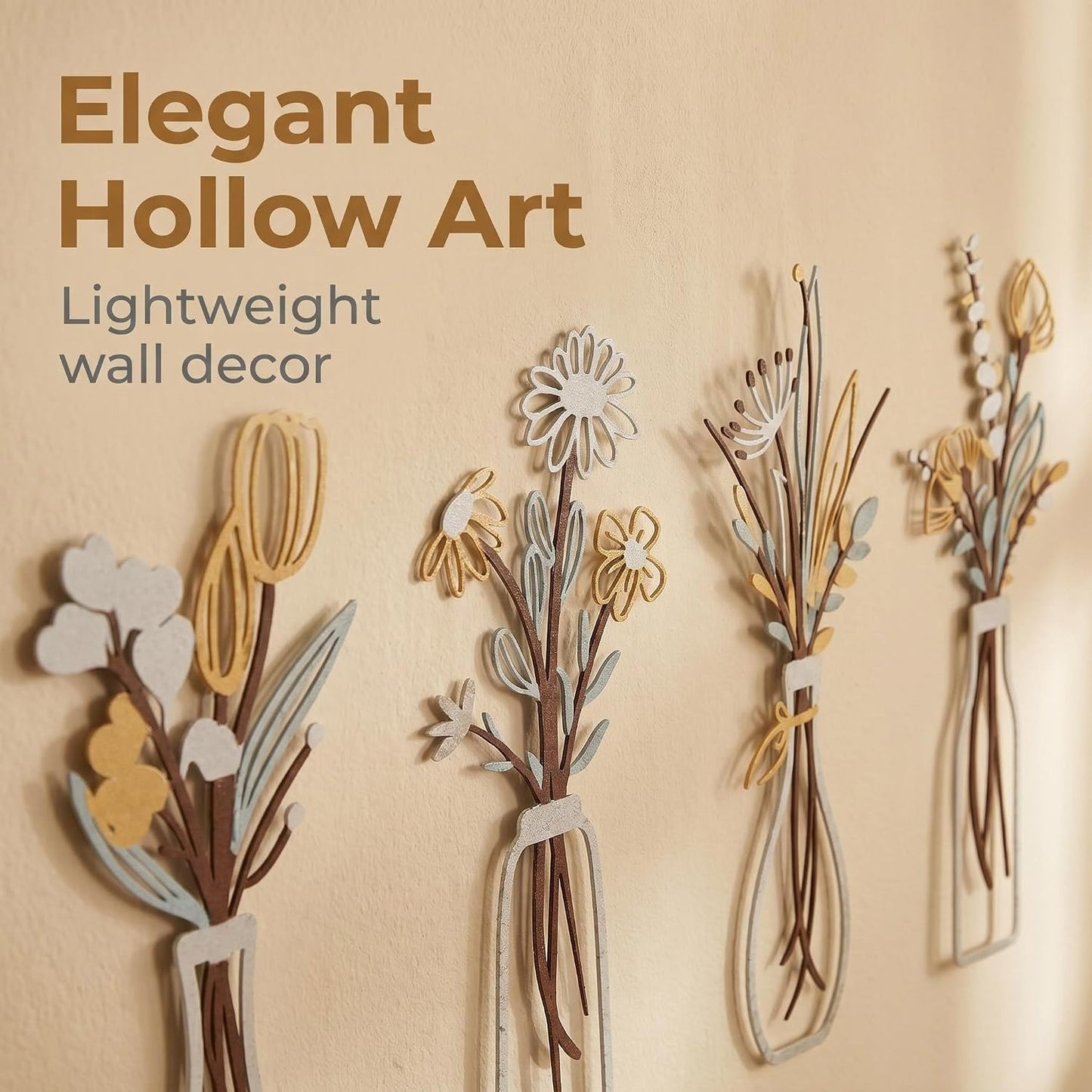 4Pcs Metal Flower Vase Wall Art, Pastel Yellow & Blue, 6.7" x 15" | Botanical Iron Wall Sculptures, Modern Farmhouse Floral, For Living Room Bedroom Home Decor