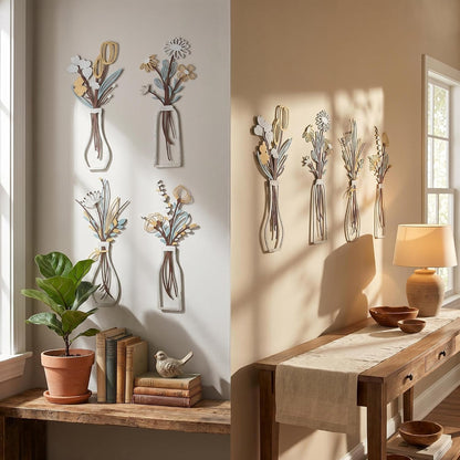 4Pcs Metal Flower Vase Wall Art, Pastel Yellow & Blue, 6.7" x 15" | Botanical Iron Wall Sculptures, Modern Farmhouse Floral, For Living Room Bedroom Home Decor