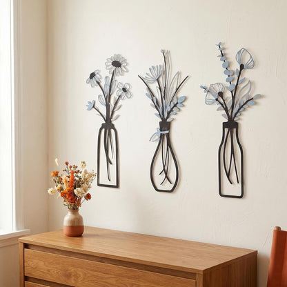4Pcs Metal Flower Vase Wall Art, Pastel Yellow & Blue, 6.7" x 15" | Botanical Iron Wall Sculptures, Modern Farmhouse Floral, For Living Room Bedroom Home Decor