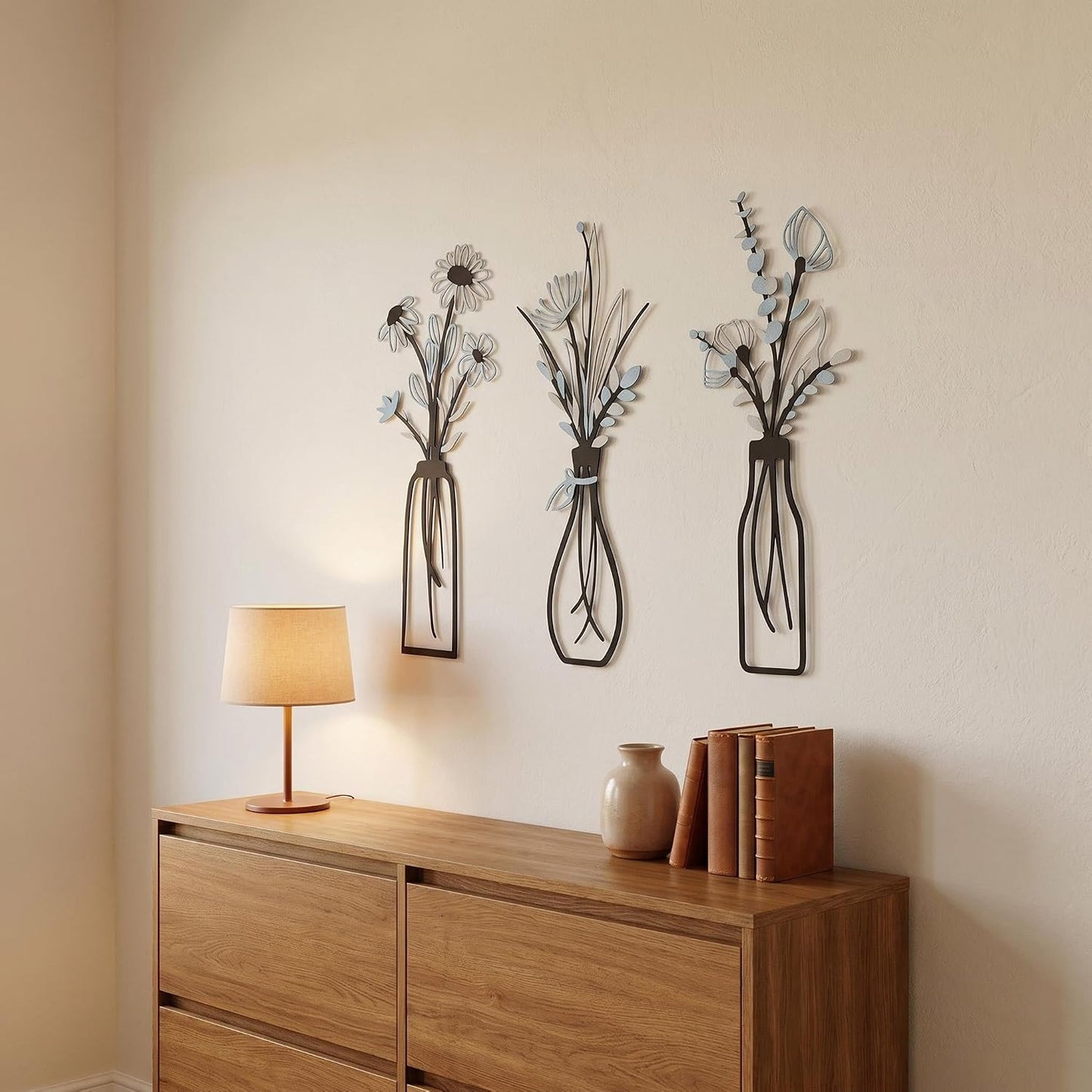 4Pcs Metal Flower Vase Wall Art, Pastel Yellow & Blue, 6.7" x 15" | Botanical Iron Wall Sculptures, Modern Farmhouse Floral, For Living Room Bedroom Home Decor