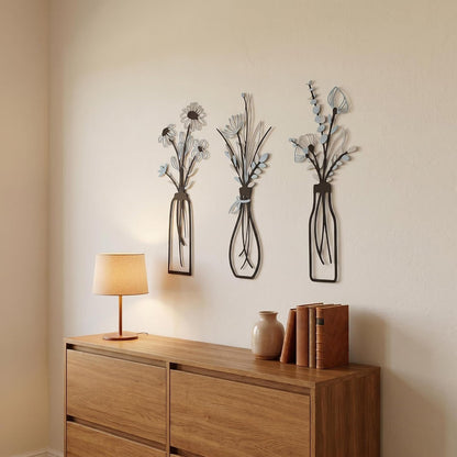4Pcs Metal Flower Vase Wall Art, Pastel Yellow & Blue, 6.7" x 15" | Botanical Iron Wall Sculptures, Modern Farmhouse Floral, For Living Room Bedroom Home Decor