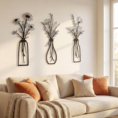 4Pcs Metal Flower Vase Wall Art, Pastel Yellow & Blue, 6.7" x 15" | Botanical Iron Wall Sculptures, Modern Farmhouse Floral, For Living Room Bedroom Home Decor