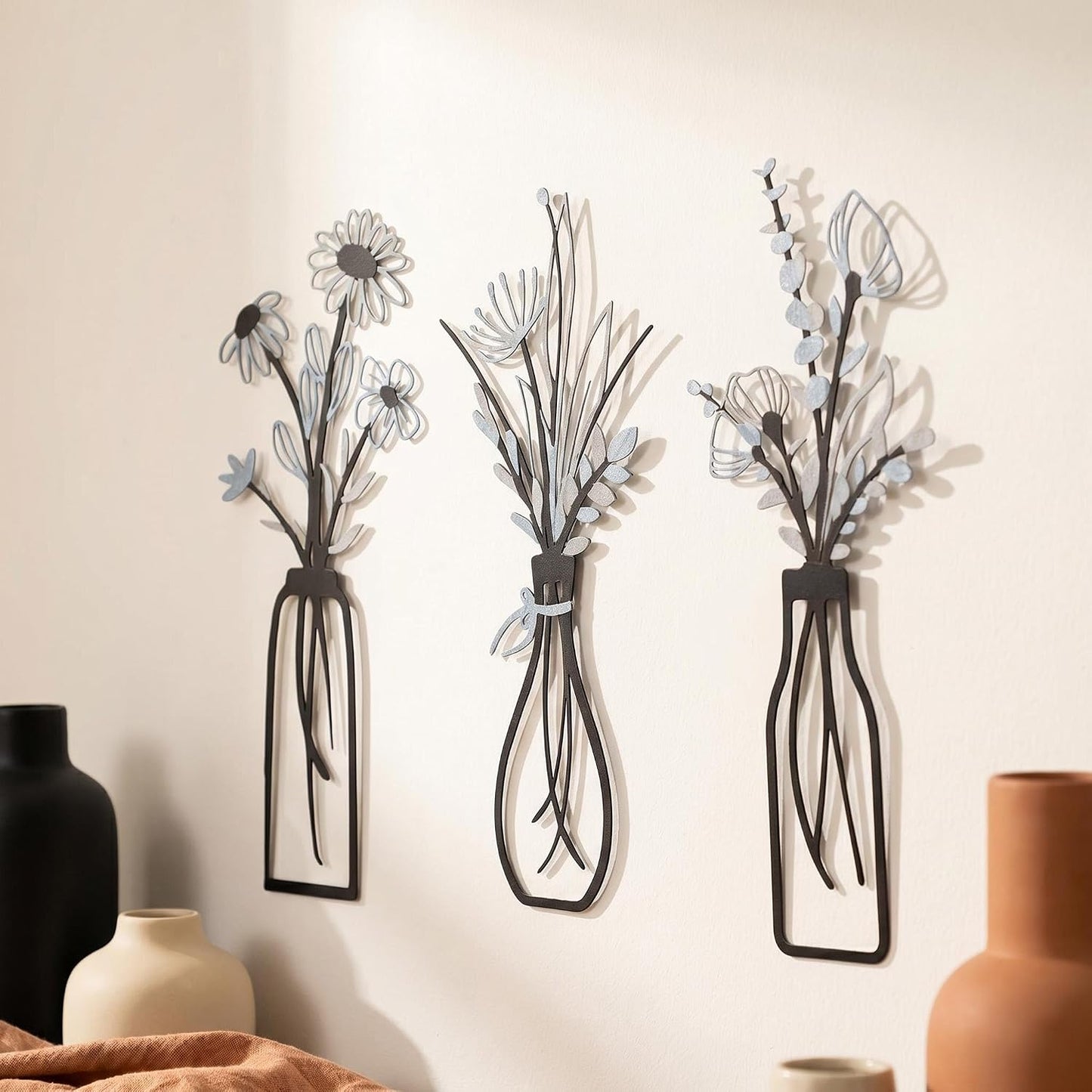 4Pcs Metal Flower Vase Wall Art, Pastel Yellow & Blue, 6.7" x 15" | Botanical Iron Wall Sculptures, Modern Farmhouse Floral, For Living Room Bedroom Home Decor
