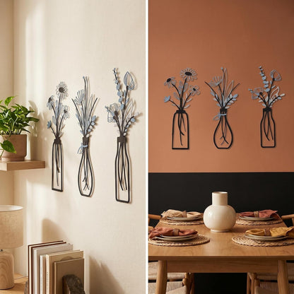 4Pcs Metal Flower Vase Wall Art, Pastel Yellow & Blue, 6.7" x 15" | Botanical Iron Wall Sculptures, Modern Farmhouse Floral, For Living Room Bedroom Home Decor