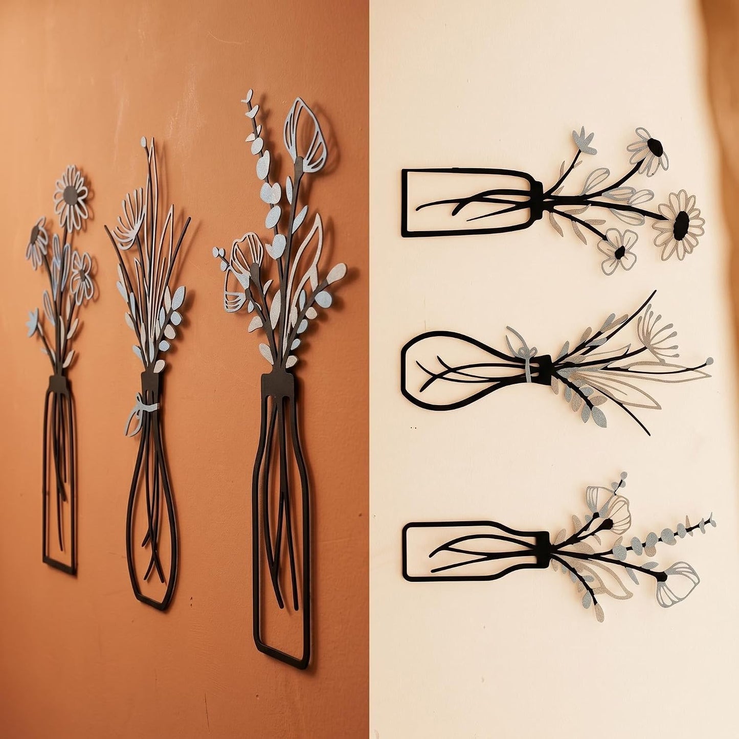 4Pcs Metal Flower Vase Wall Art, Pastel Yellow & Blue, 6.7" x 15" | Botanical Iron Wall Sculptures, Modern Farmhouse Floral, For Living Room Bedroom Home Decor