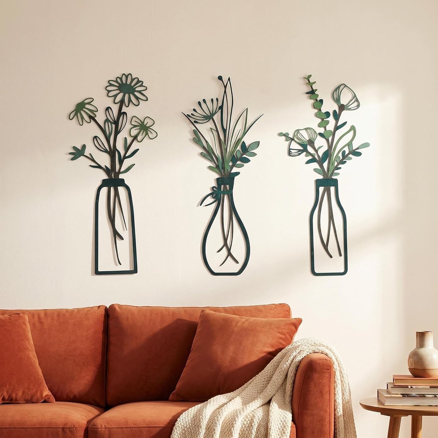 4Pcs Metal Flower Vase Wall Art, Pastel Yellow & Blue, 6.7" x 15" | Botanical Iron Wall Sculptures, Modern Farmhouse Floral, For Living Room Bedroom Home Decor
