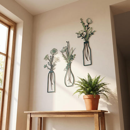 4Pcs Metal Flower Vase Wall Art, Pastel Yellow & Blue, 6.7" x 15" | Botanical Iron Wall Sculptures, Modern Farmhouse Floral, For Living Room Bedroom Home Decor