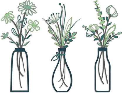 4Pcs Metal Flower Vase Wall Art, Pastel Yellow & Blue, 6.7" x 15" | Botanical Iron Wall Sculptures, Modern Farmhouse Floral, For Living Room Bedroom Home Decor