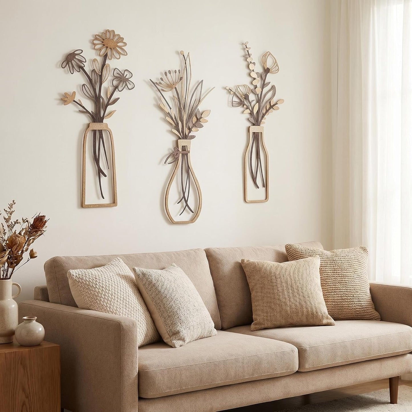 4Pcs Metal Flower Vase Wall Art, Pastel Yellow & Blue, 6.7" x 15" | Botanical Iron Wall Sculptures, Modern Farmhouse Floral, For Living Room Bedroom Home Decor