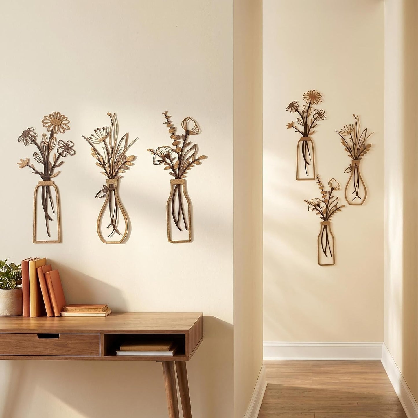 4Pcs Metal Flower Vase Wall Art, Pastel Yellow & Blue, 6.7" x 15" | Botanical Iron Wall Sculptures, Modern Farmhouse Floral, For Living Room Bedroom Home Decor